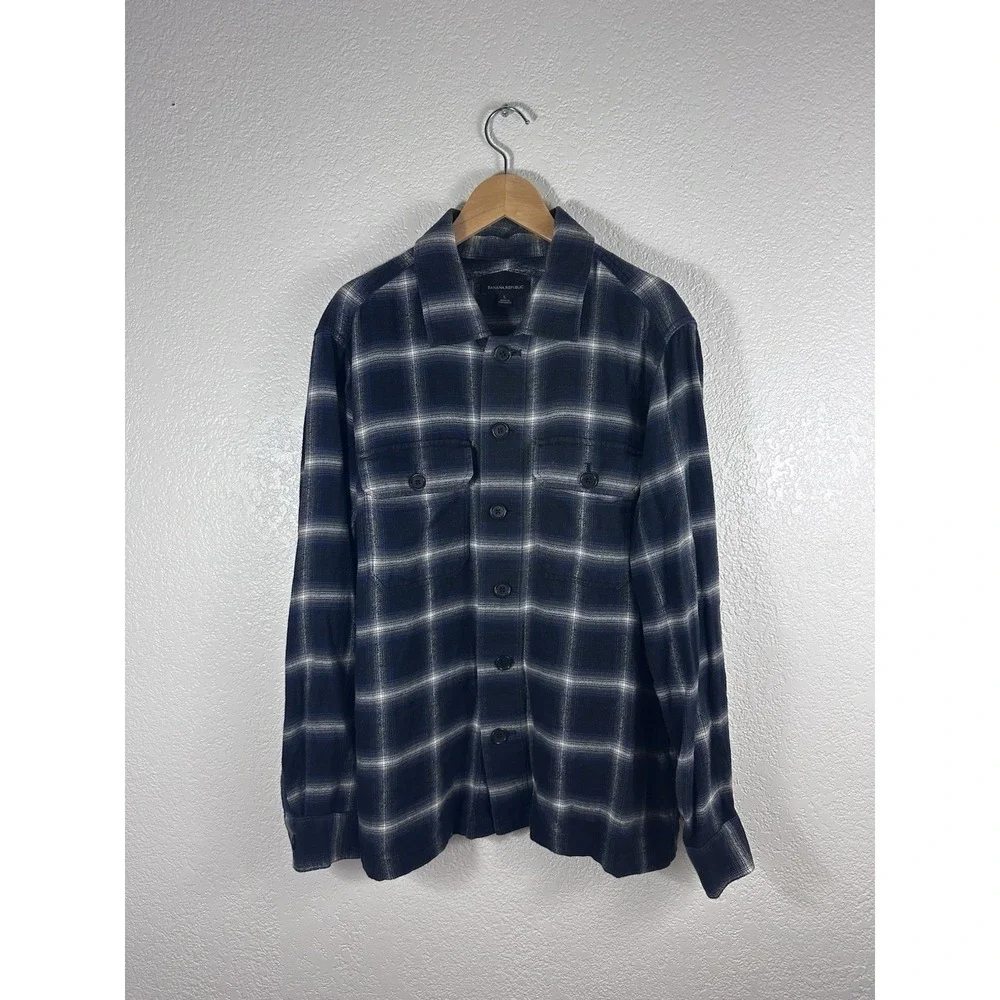 Banana Republic Men's Plaid Wool Blend Overshirt Jacket Blue Gray Size Large